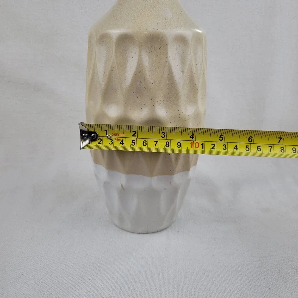 Modern Two Tone Geometric Ceramic Vase Textured Tan and White 11.25 Inch Decor‎